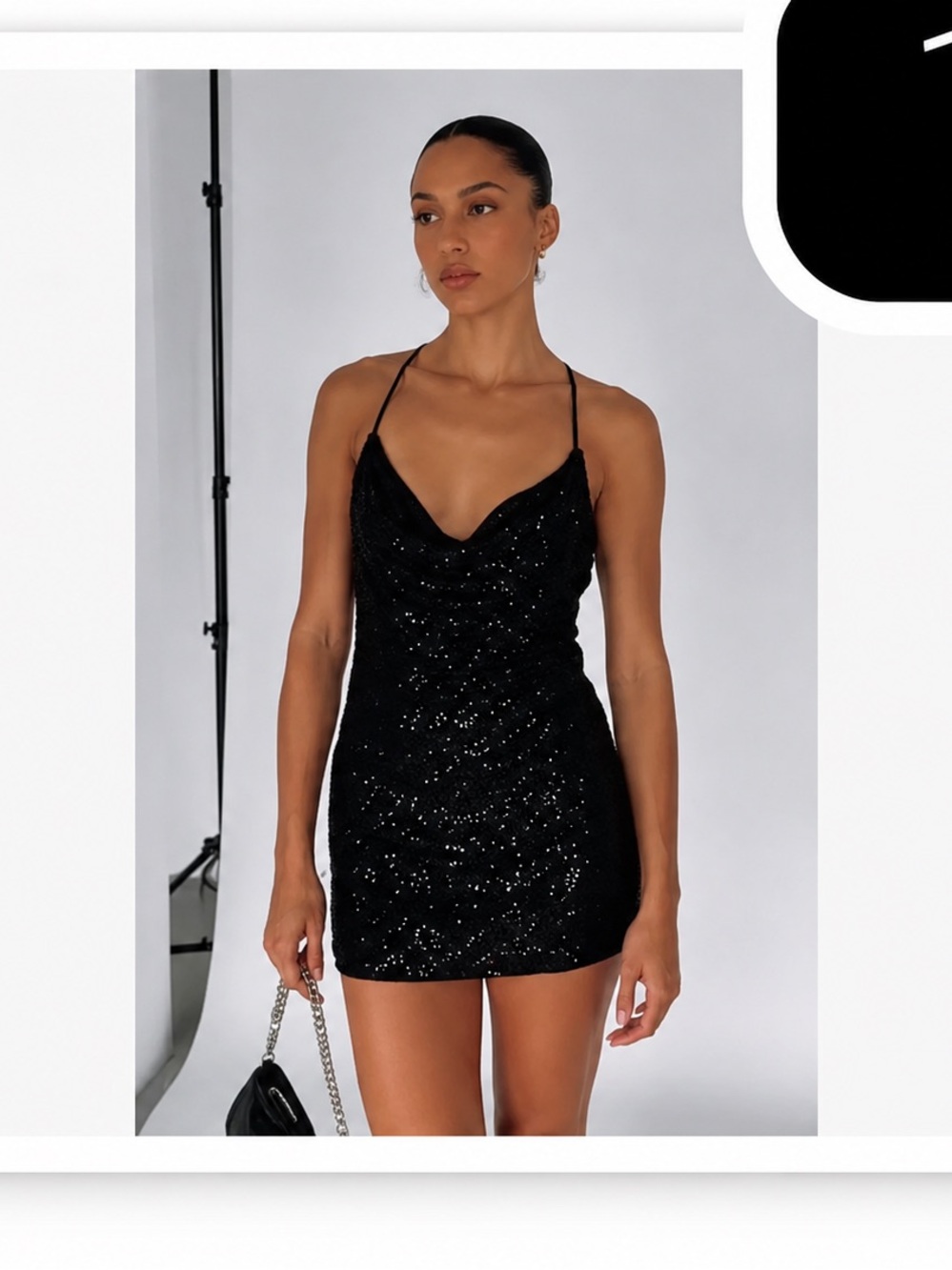 White Fox Black Sequin Cowl Neck Mini Dress